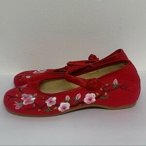 Plum Blossom Embroidery Women's Size 7 Red Mary Jane Heels Shoes
